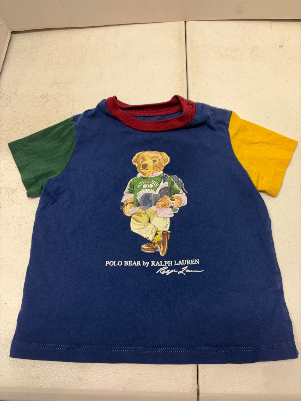 Ralph Lauren Polo Bear Navy Blue Kids T-Shirt with Green and Yellow Sleeves